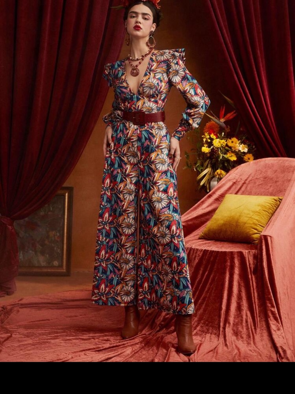 SHEIN Multicolor Floral Wide-Leg V-Neck Jumpsuit